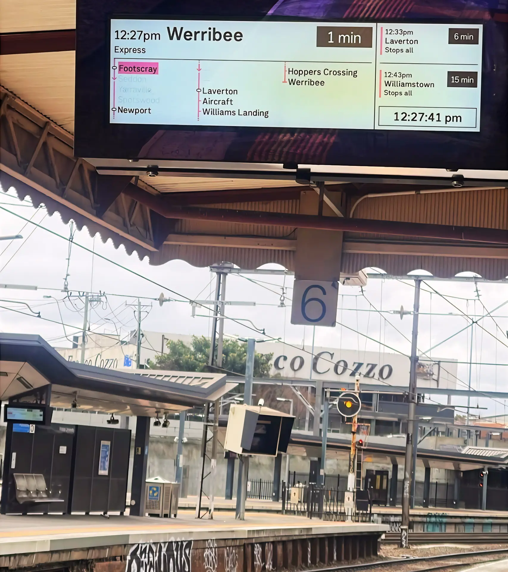 Footscray station departure board showing local train services across Melbourne's western suburbs