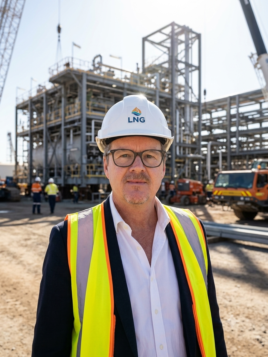 James Clements on a major industrial site, wearing a hard hat and high-visibility vest