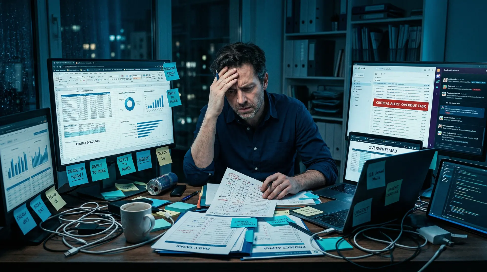A business owner overwhelmed by spreadsheets, sticky notes and multiple screens full of urgent tasks