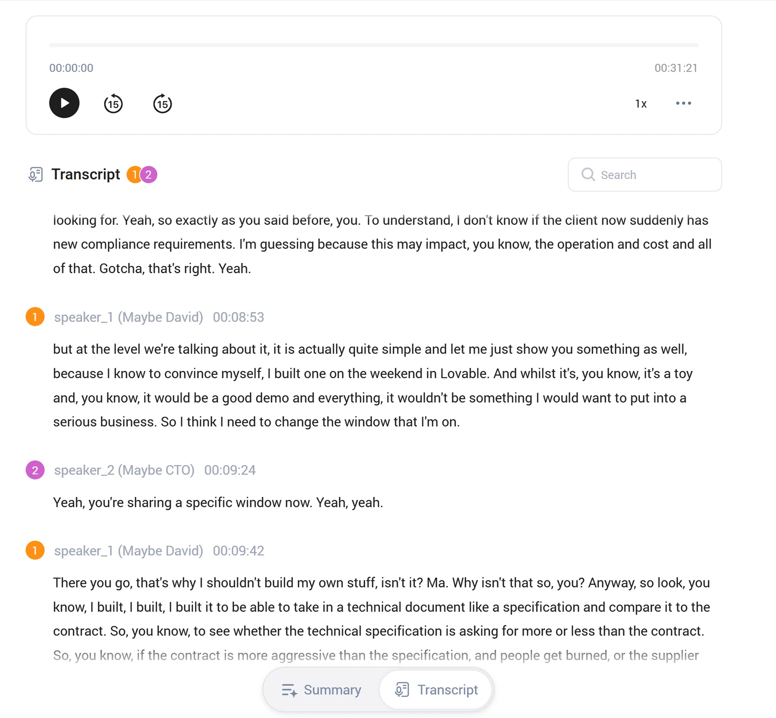 Illustrative meeting transcript with speaker labels and timestamps