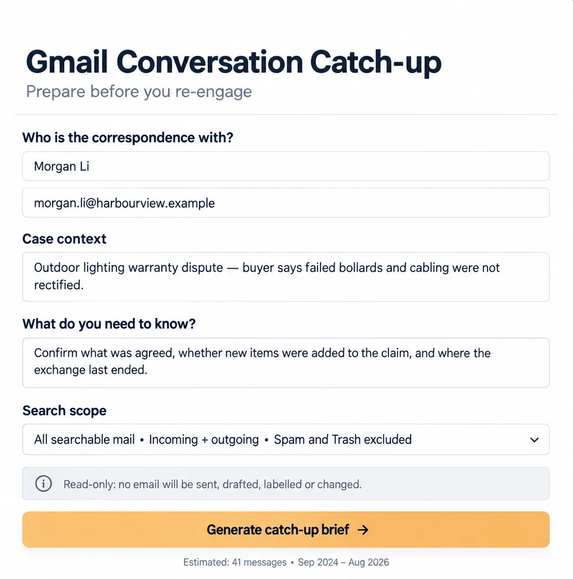 Illustrative email catch-up request with contact and search scope