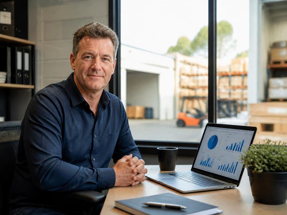 Skills for AI adviser and a Melbourne west business owner reviewing an automated monthly reporting dashboard together in a warehouse office