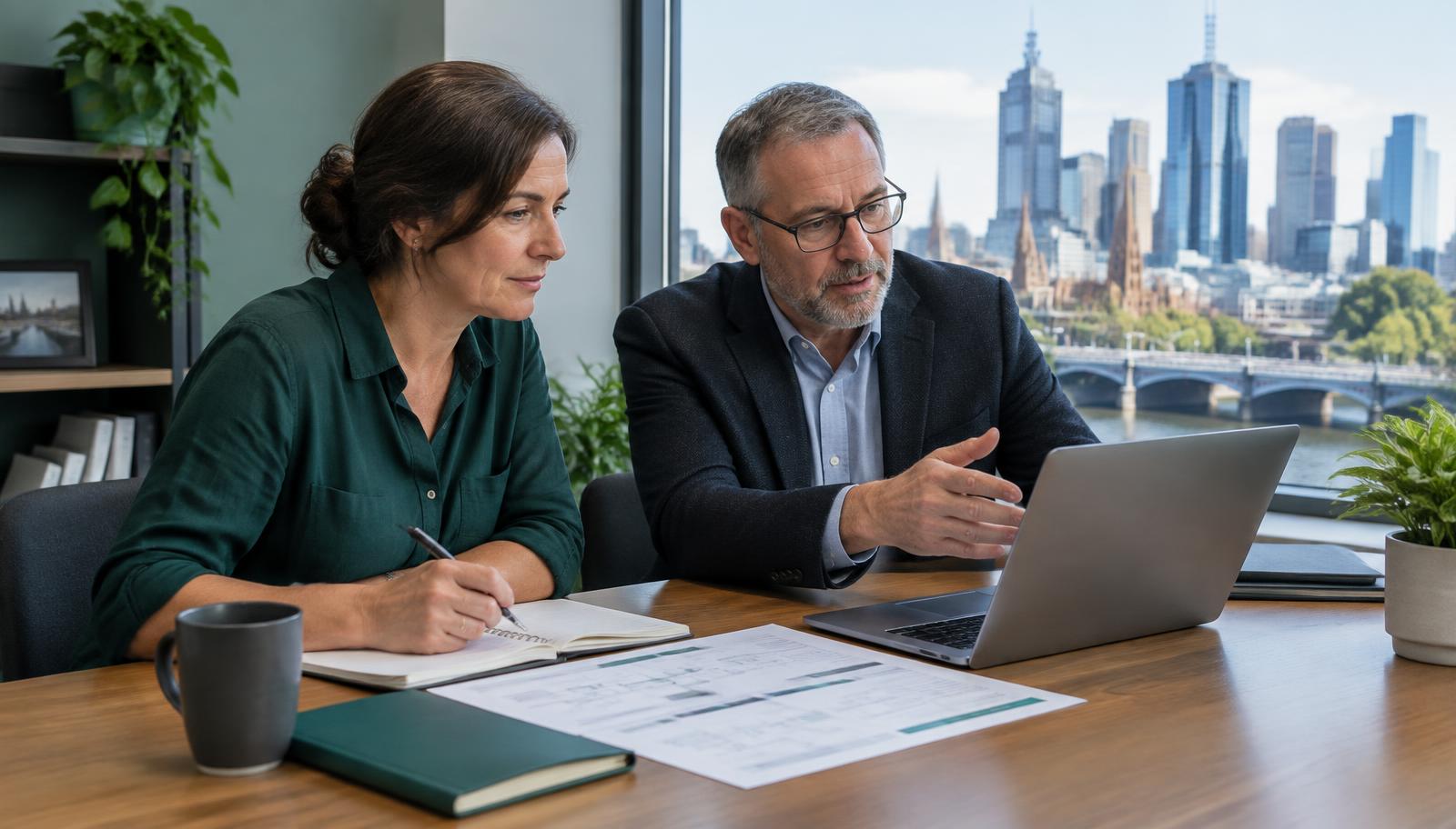 Melbourne business owner and AI consultant reviewing a practical workflow together