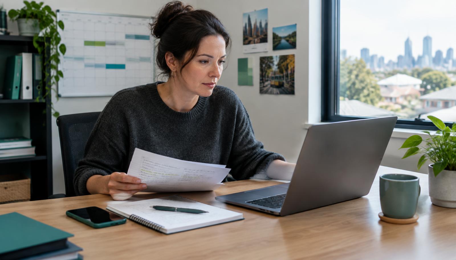 Small business owner reviewing customer enquiries and marketing work at a desk in Melbourne