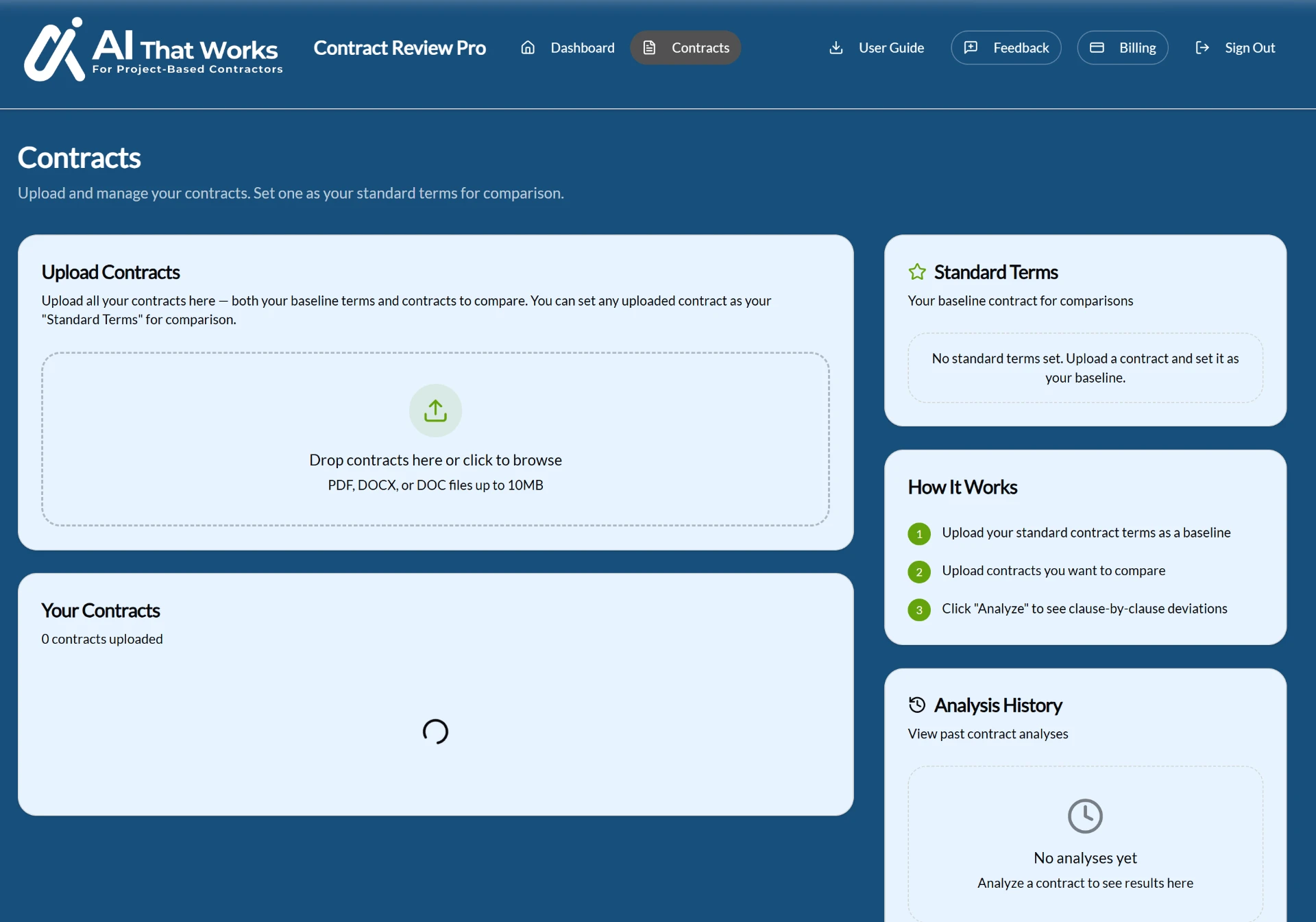 Contract Review Pro contracts page showing upload area, standard terms panel and analysis history