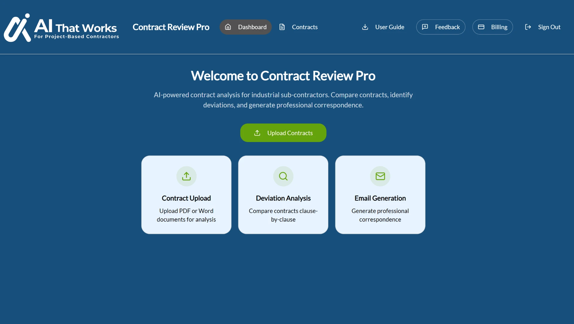 Contract Review Pro welcome screen showing contract upload, deviation analysis and email generation