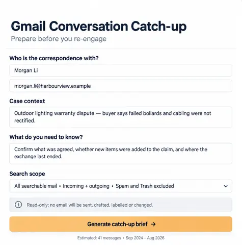 Preview of email catch-up request form