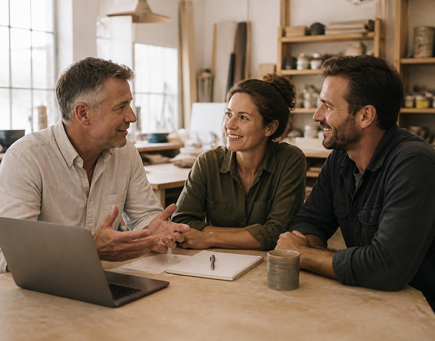 A local AI adviser talking through business bottlenecks with two small business owners at a workshop table