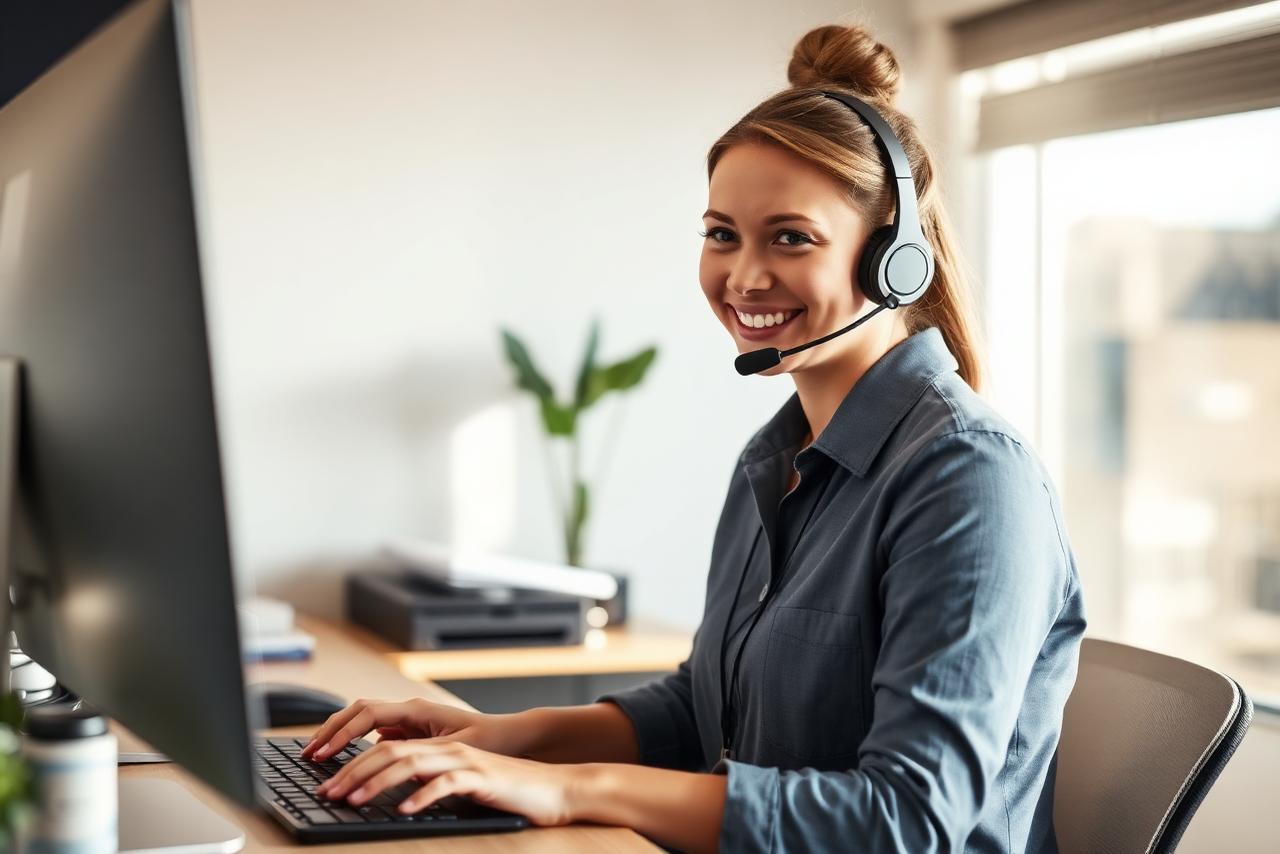 Customer service team member with a headset replying to a customer enquiry