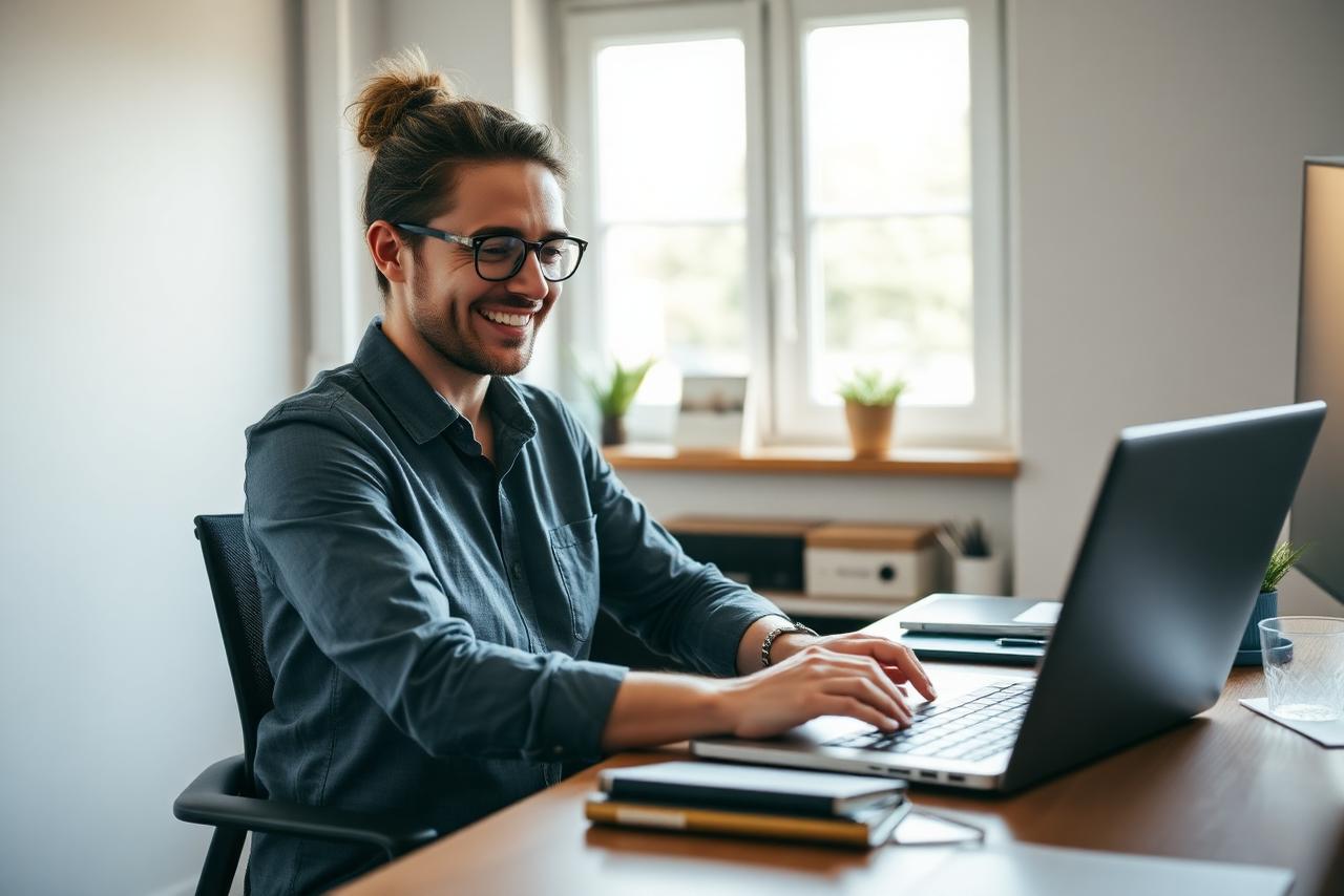 Small business owner reviewing new customer enquiries on a laptop