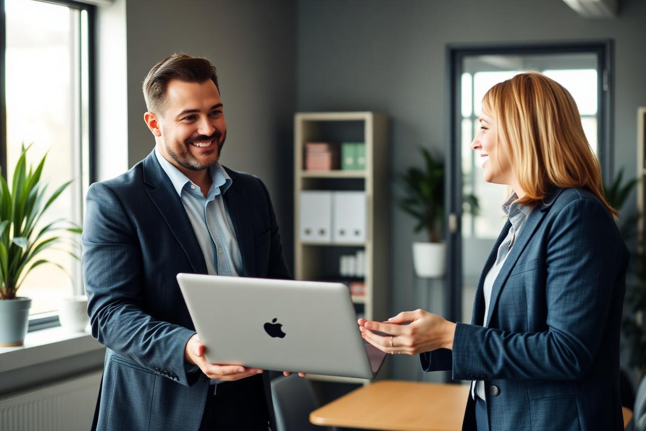 Manager handing a laptop to a new staff member on their first day