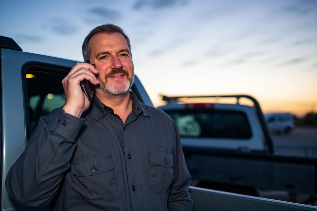 Tradesperson taking a phone call beside a work ute at the end of the day