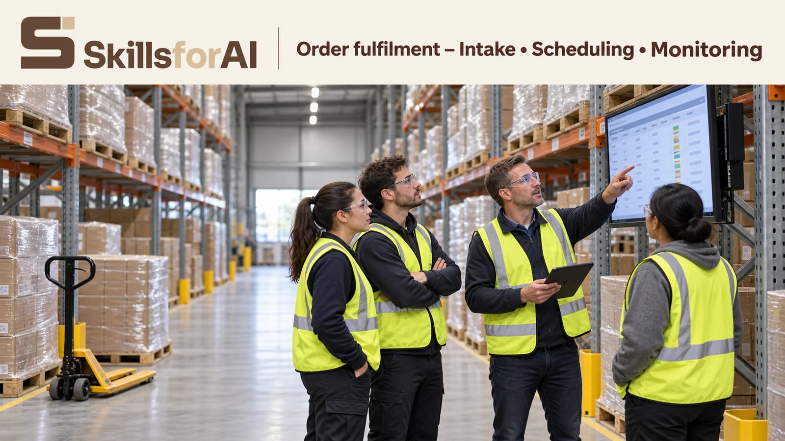 Warehouse and distribution team reviewing order fulfilment and stock information on a large screen